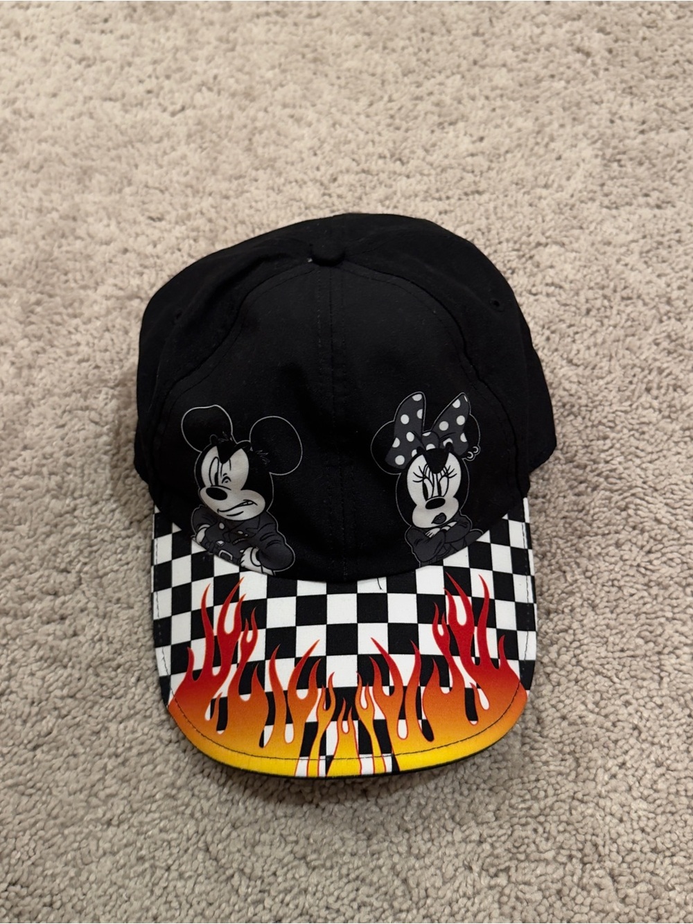 Disney Black Cap with Mickey & Minnie and Checkerboard Flame Visor
